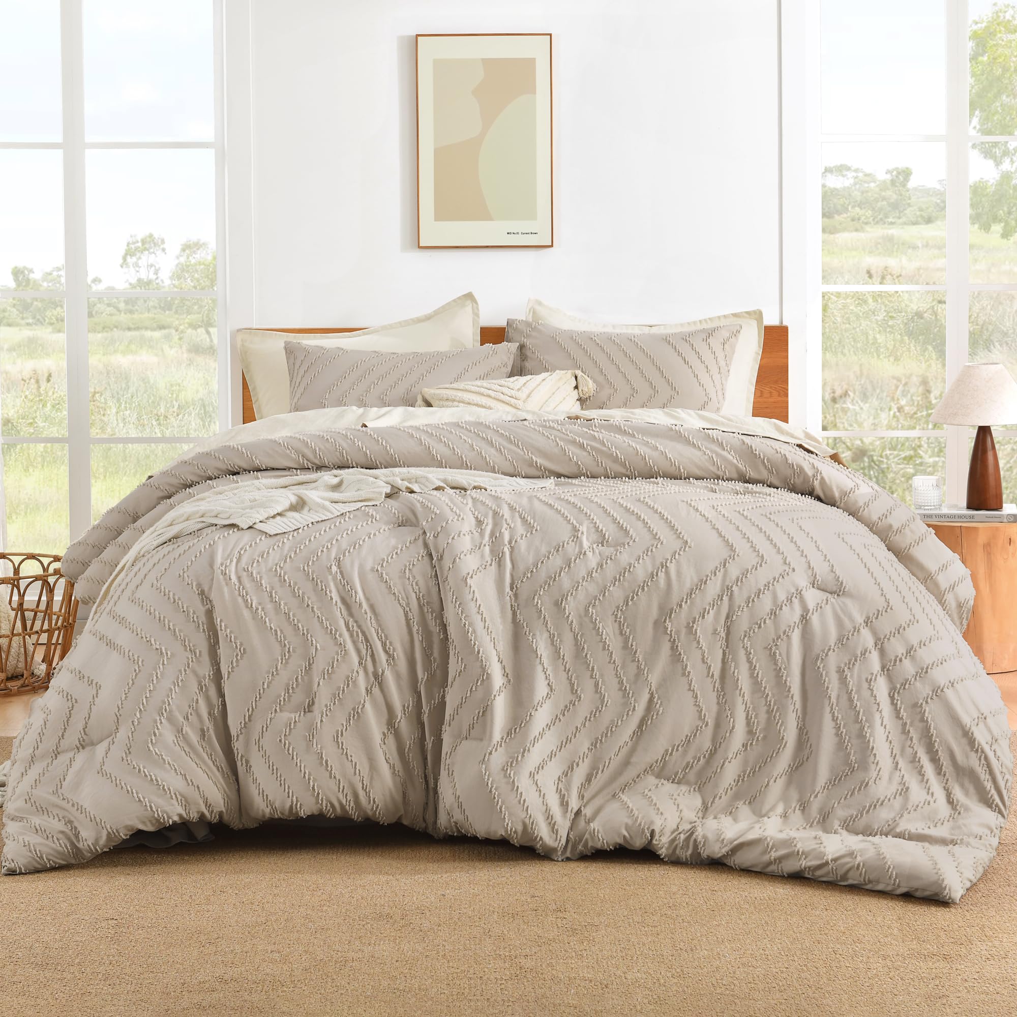 Litanika Khaki Queen Size Comforter Sets, 3 Pieces Lightweight Chevron Tufted Bedding Comforter Set, Fluffy Down Alternative Com